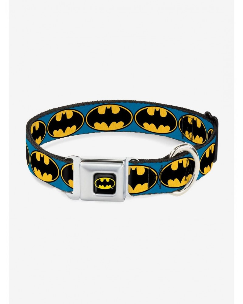 DC Comics Justice League Bat Signal Blue Black Yellow Seatbelt Buckle Pet Collar $8.22 Pet Collars